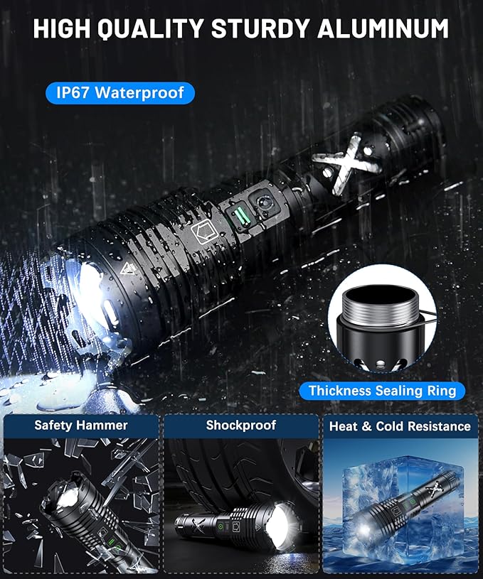 LED Rechargeable Flashlights High Lumens,6000.000 Lumens Super Bright Flashlight with Type-C
