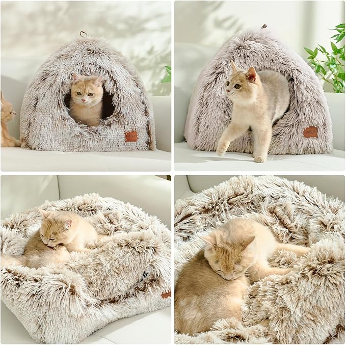 CATISM Cat Bed, Cat Cave for Indoor Cats, Soft Cat Dome, Self-Warming 2 in 1 Foldable Pet Cat House