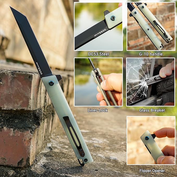 Flipper Pocket Folding Knife,DC53 Steel Blade and G10 Handle. With pocket clip and glass