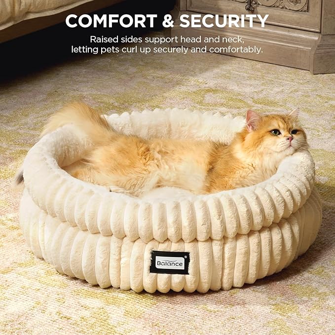 BALANCE Cat Bed Kitten Bed, Washable Round Cat Beds for Indoor Cats,Super Soft Plush Faux Fur Pet