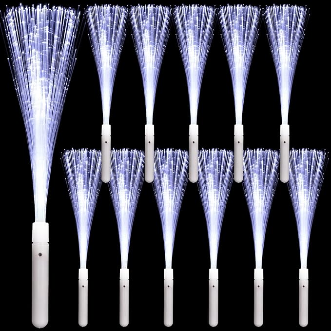 12 Pack White Glow Sticks Light Up Fiber Optic Stick Glow Wands Bulk with 3 Flashing Models for
