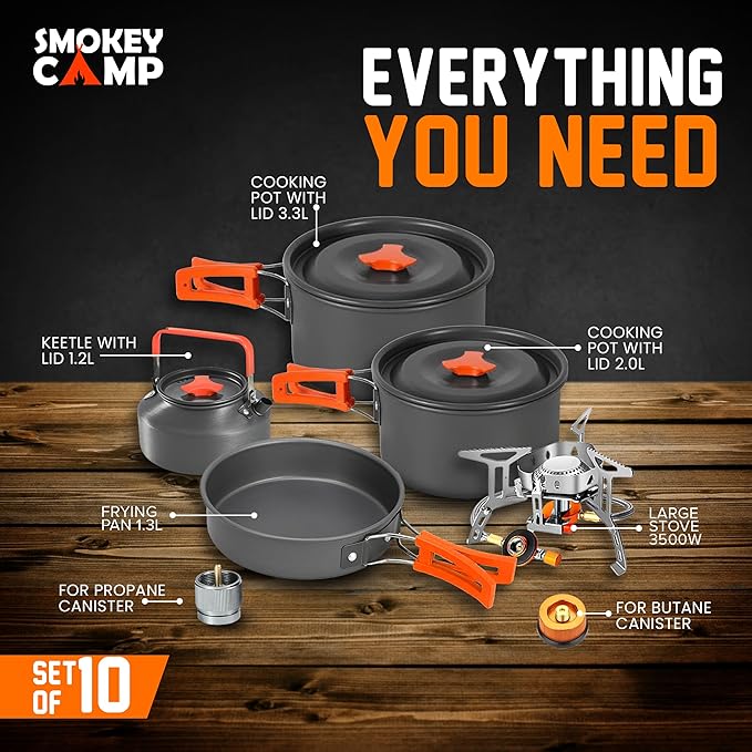 Camping Cookware Mess Kit Set with Stove - Backpacking Camping Pots and Pans Set, All in One