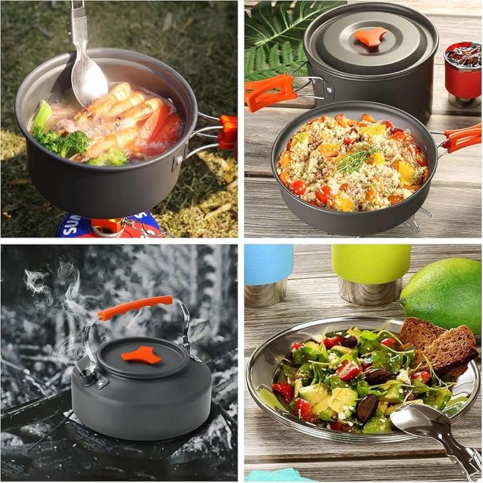 Camping Cooking Set Camping Cookware Outdoor Aluminum Mess Kit with Frying Pan, Pot with Lid, 1.2L