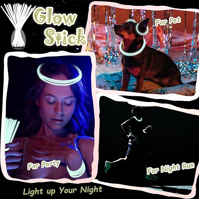 100 pk 8" White Glow Sticks Bulk Party Favors, Light up Glow Necklaces & Bracelets in the Dark