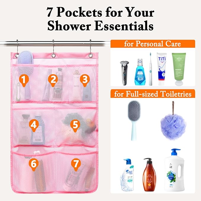 Mesh Shower Caddy Hanging, Quick-Drying Shower Organizer with 7 Pockets, Portable Bathroom