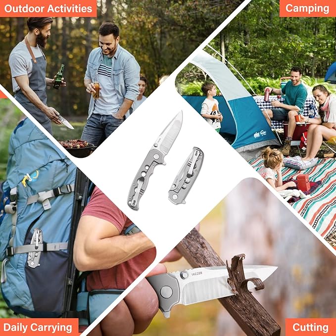 Men's Folding Pocket Knife – 3.4" Sandvik 14C28N Blade CNC Titanium Handle Ceramic Bearings, Liner