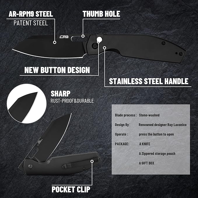 CJRB Pocket EDC Knife Ekko(J1929) Button Lock Small Folding Knife AR-RPM9 Steel Blade and Black PVD
