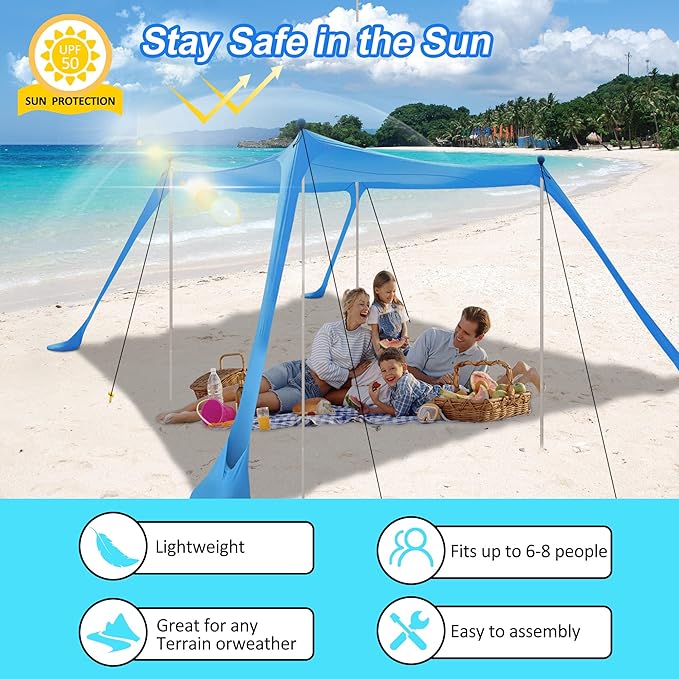 Beach Tent Sun Shelter with UPF 50+ UV Protection, Beach Canopy Sun Shade 11x11 FT with Sandbags