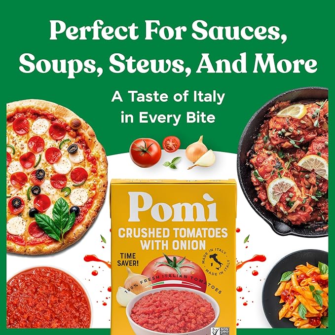 Pomì Crushed Tomatoes with Onion 13.8oz (Pack of 12) - Creamy, Velvety Italian Tomato Sauce No Salt