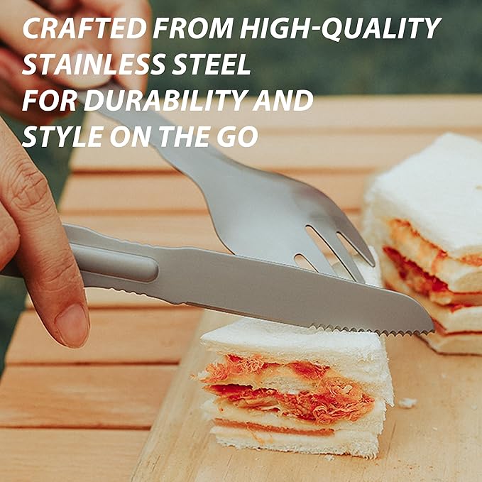 PortableAnd 4-in-1 Camping Utensil Set: Spoon, Spork, Knife, Tongs - Stainless Steel Multi Tool for