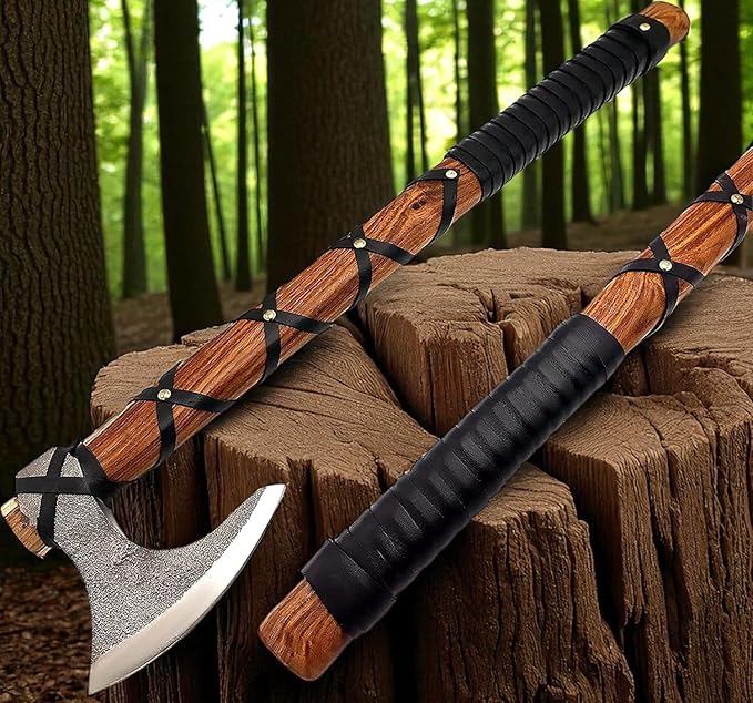 AX-7000 Custom Gift Forged Carbon Steel Viking Axe with Rose Wood Shaft, Viking Bearded Camping Axe