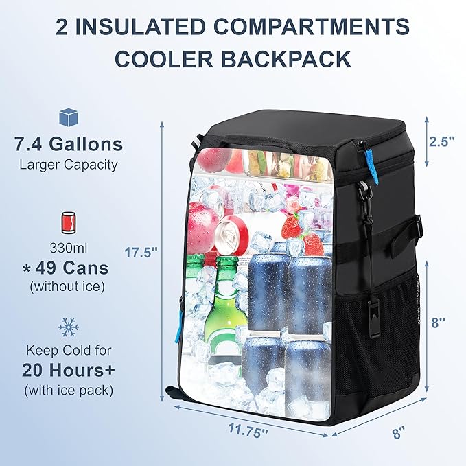 SPARTER Backpack Cooler Insulated Leak Proof 33/49 Cans, 2 Insulated Compartments Thermal Bag
