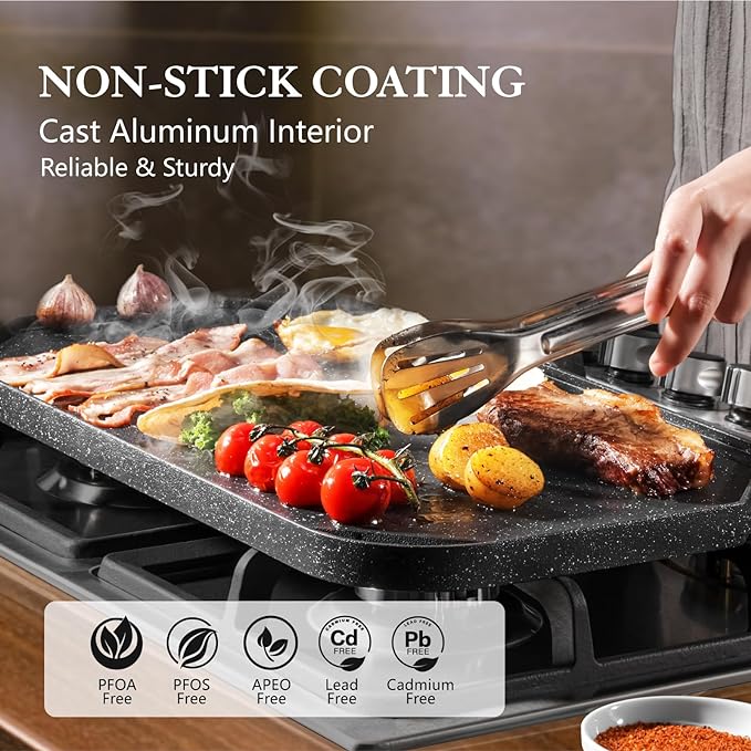 SENSARTE Nonstick Griddle Grill Pan, Pro-Grid Reversible Grill & Griddle Pan, Two Burner Cast