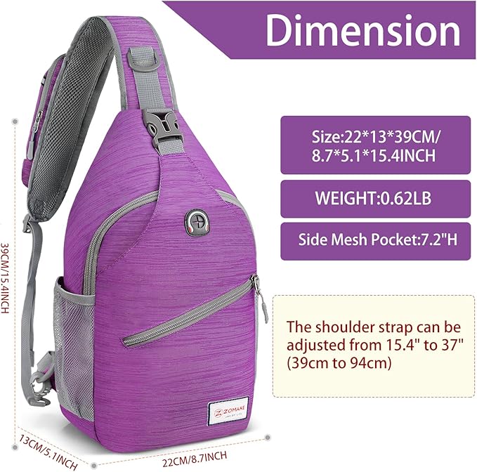ZOMAKE Sling Bag,Small Crossbody Sling Backpack,Water Resistant Shoulder Daypack for Travel,Anti