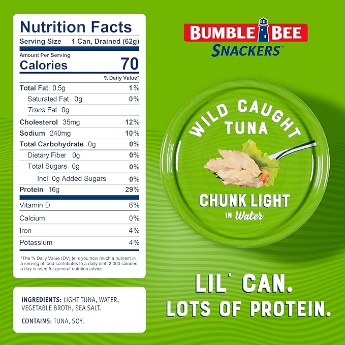 Bumble Bee Snackers - Chunk Light Tuna, 3 oz Easy Open Can - 16g Protein per Serving - Wild Caught