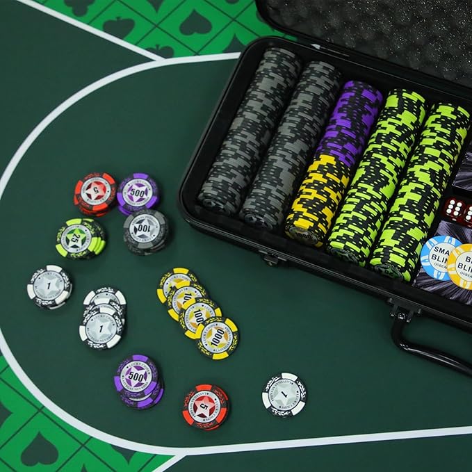 ORIENGEAR Poker Chip Set with Denominations, 500 PCS 14 Gram Clay Composite Casino Chips with ABS