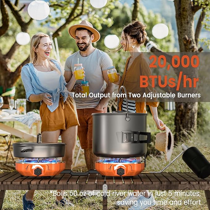 20,000 BTUs 2 Burner Propane Camping Stove, Portable Folding Camp Stove with Adjustable Burners