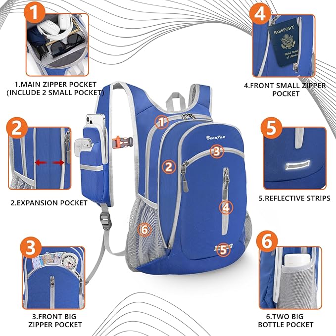 Seektop Small Hiking Backpack 12L to 15L Expandable Travel Packable Waterproof Daypack Lightweight