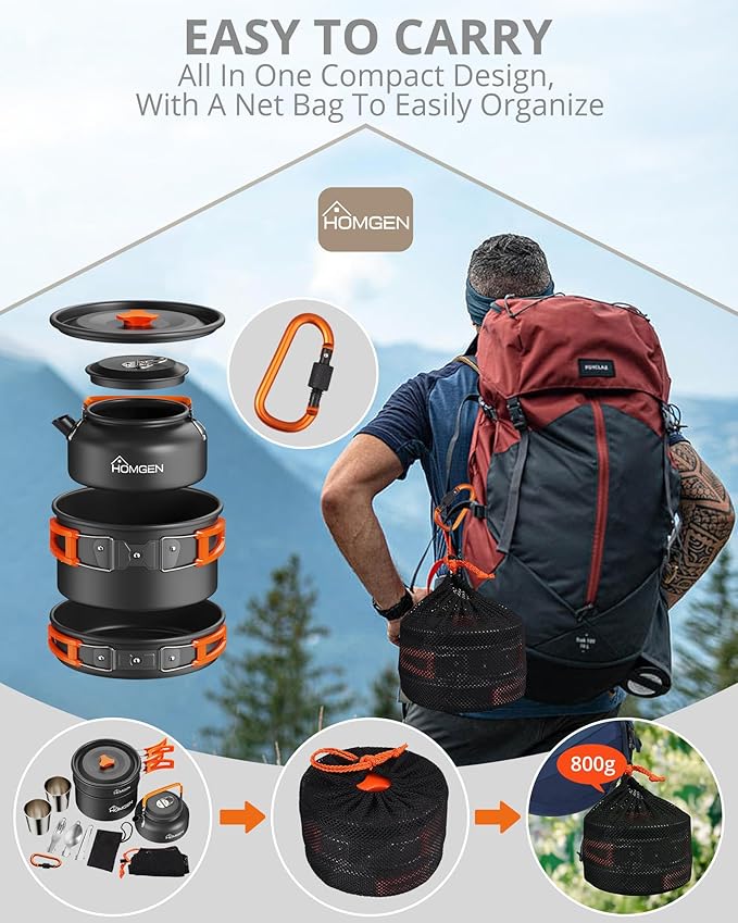 HOMGEN 12-Pieces Ultralight Anodized Aluminum Camping Cookware Set for 2 People - Nesting Pot/Pan