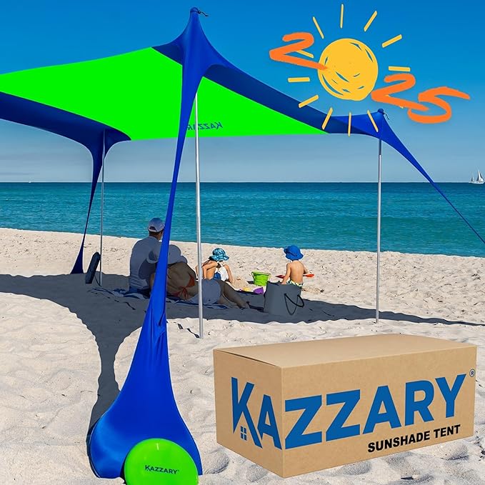 Beach Tent UPF50+ Sun Shade Canopy with Sandbags, 4 Stability Poles, Ground Pegs, Flying Disc Sand