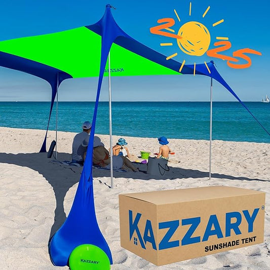 Beach Tent UPF50+ Sun Shade Canopy with Sandbags, 4 Stability Poles, Ground Pegs, Flying Disc Sand