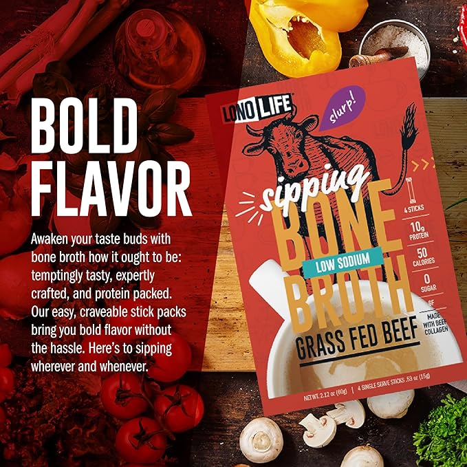 LonoLife Low Sodium Beef Bone Broth Powder Mix | Grass-Fed, 10g Protein | Collagen-Rich, Keto &