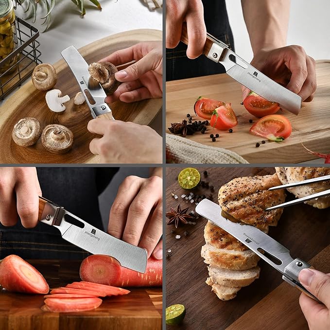 Folding Chef Knife 4.8” Ultra Sharp 440A Stainless Steel Blade Natural Olive Handle Pocket Foldable