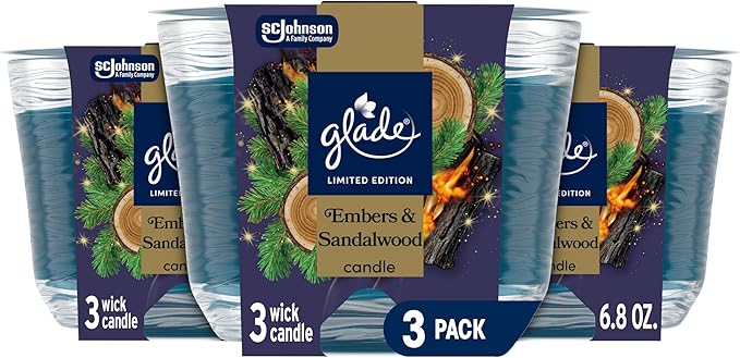 Glade 3-Wick Scented Candle Jar, Embers & Sandalwood, Air Freshener Infused with Essential Oils
