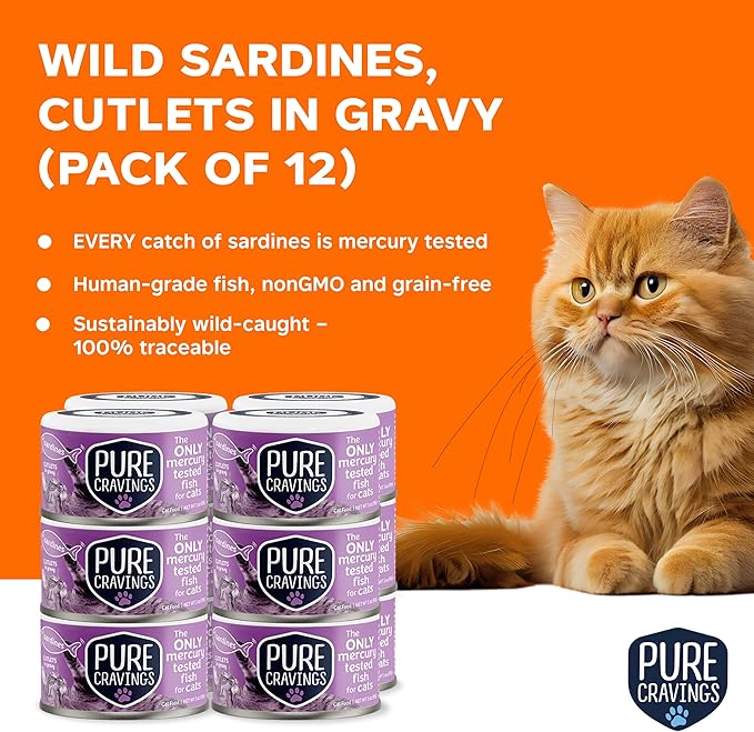 Pure Cravings Wet Cat Food Canned Sardines Cutlets in Gravy, Every Catch is Mercury-Tested, Moist