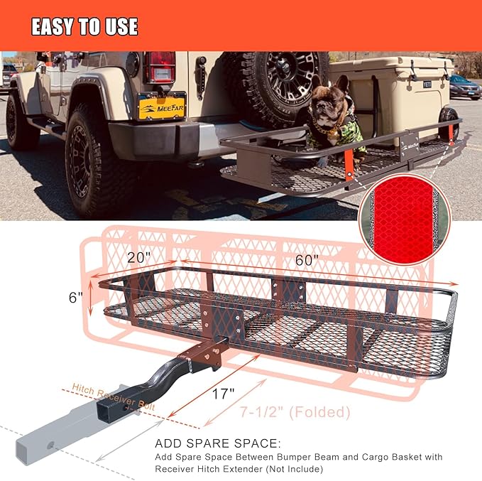 MeeFar Folding Hitch Mount Cargo Carrier Basket 60" X 20" X 6"+Waterproof Cargo Bag 16 Cubic