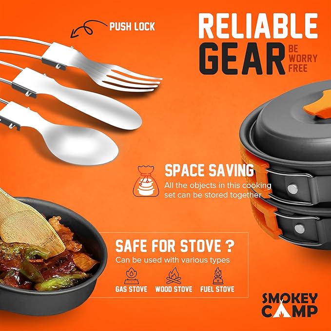 Camping Cookware Mess Kit Set with Stove - Backpacking Camping Pots and Pans Set, All in One