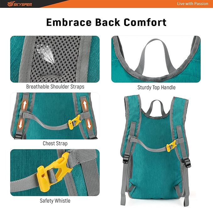 SKYSPER 15L/20L Foldable Hiking Backpack Lightweight Packable Travel Daypack with Chest Strap Small