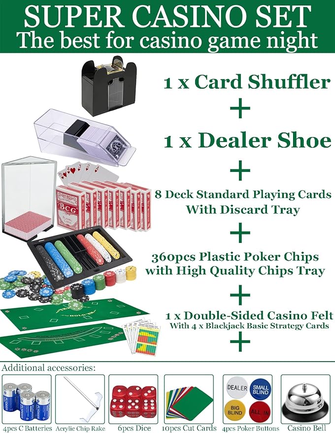 Super Casino Game Set: 6 Deck Shuffler+360pcs Chips+8 Poker Cards+Card Shoe+Chip
