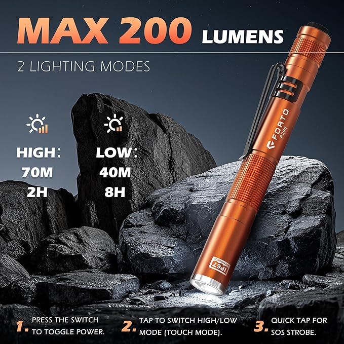 FORTO 3 Pack Pen Light 200 Lumen Pocket Flashlight, IP67 Waterproof and 2 Modes, with AAA Batteries