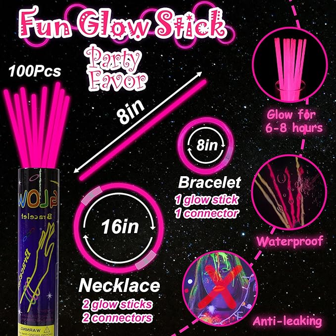 100 pk 8" Pink Glow Sticks Bulk Party Favors, Light up Glow Necklaces & Bracelets in the Dark Party