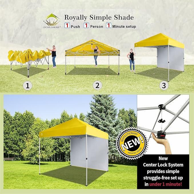 CROWN SHADES 8x8 Pop Up Canopy with 1 Side Wall - Beach Tent with One Push Setup - Outdoor Sun