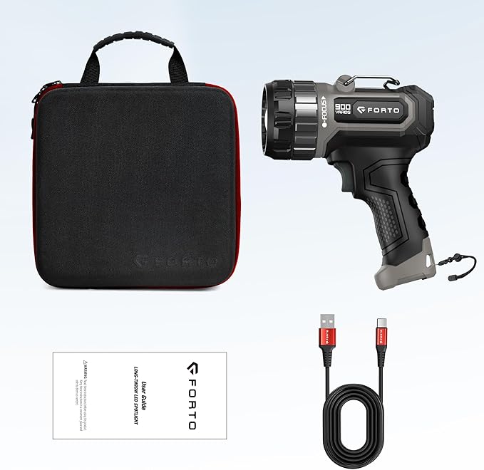 FORTO Compact Rechargeable Spotlight with Adjustable Focus, Handheld Spot Light with Stand, 823m