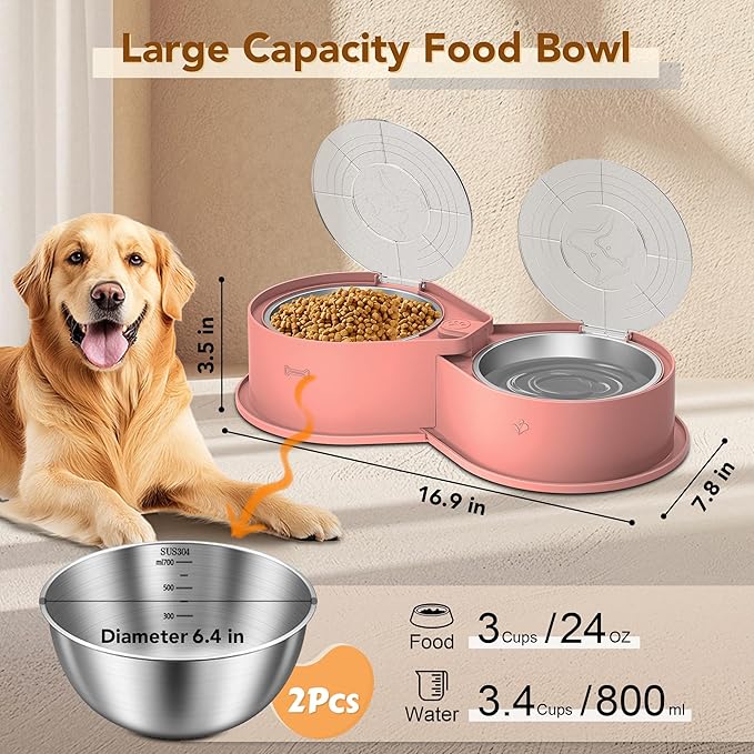 Stainless Steel Dog Bowl Set with Lids, 304 Metal Dual Food & Water Bowls for Dogs & Cats, Large