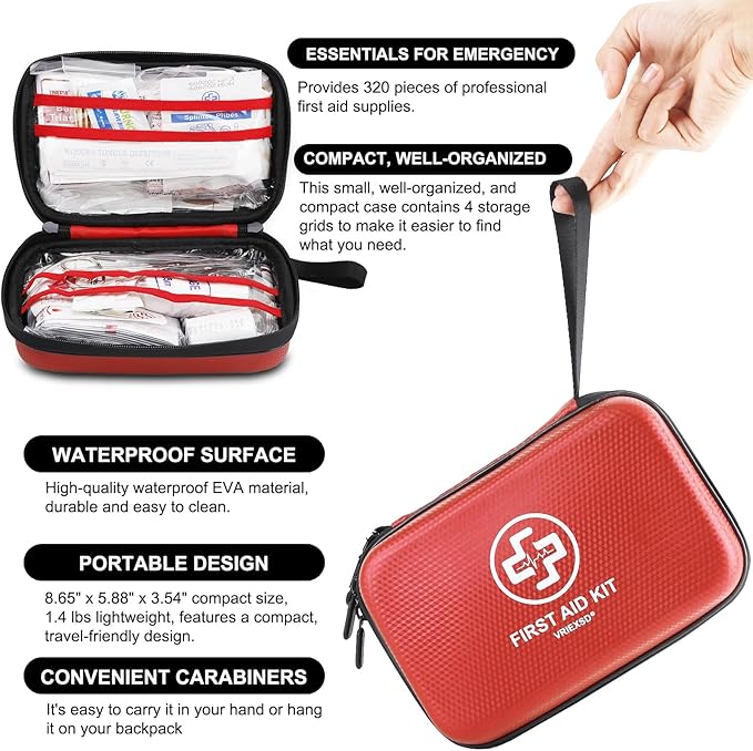 Premium First Aid Kit, 320 Piece Waterproof Hard Shell Eva First Aid Kit for Home, Camping, Cars