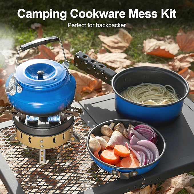 Odoland 5pcs Camping Cookware Non-Stick Camping Pot and Pan Set with Kettle and Removable Handle