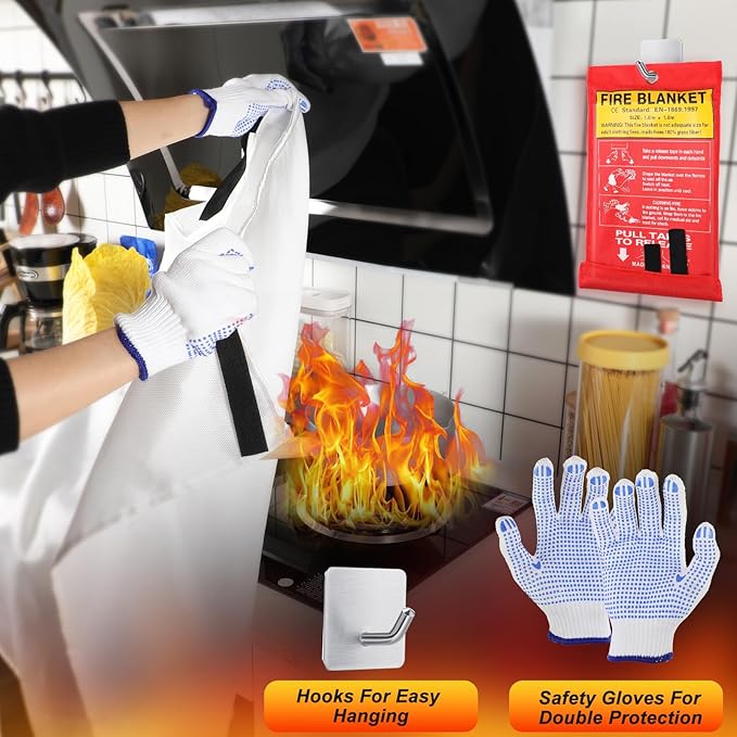 Macarrie 40''x 40'' Fire Blanket Emergency with Hooks and Gloves Fire Suppression Blanket