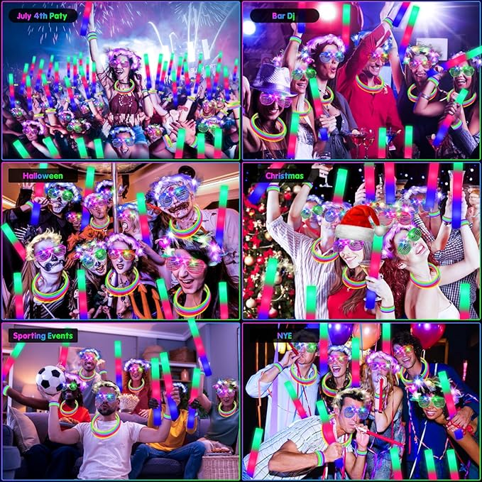142 PCS Glow in the Dark Party Supplies, 14PCS Foam Glow Sticks, 14PCS Light Up Headband,14PCS LED
