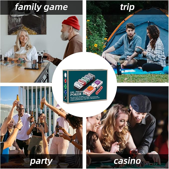 Poker Chip Travel Set, 100PCS 5 Color Professional Poker Chips in Cardboard Gift Box, 11.5 Gram