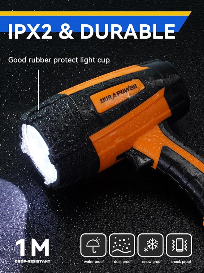 Durapower Rechargeable Spotlight, 500 Lumens LED Spotlight Flashlight, IPX2 Waterproof Handheld