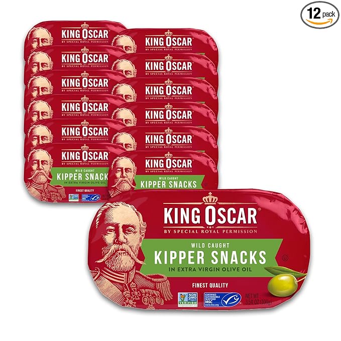 King Oscar Kipper Snacks in Extra Virgin Olive Oil, 3.54 Ounce Cans (Pack of 12), Lightly Smoked