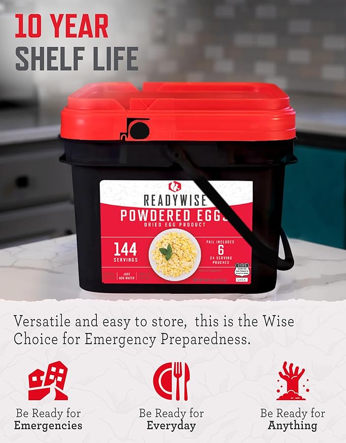 ReadyWise Emergency Food Supply - 144 Servings Freeze Dried Powdered Eggs Bucket, Protein Meals