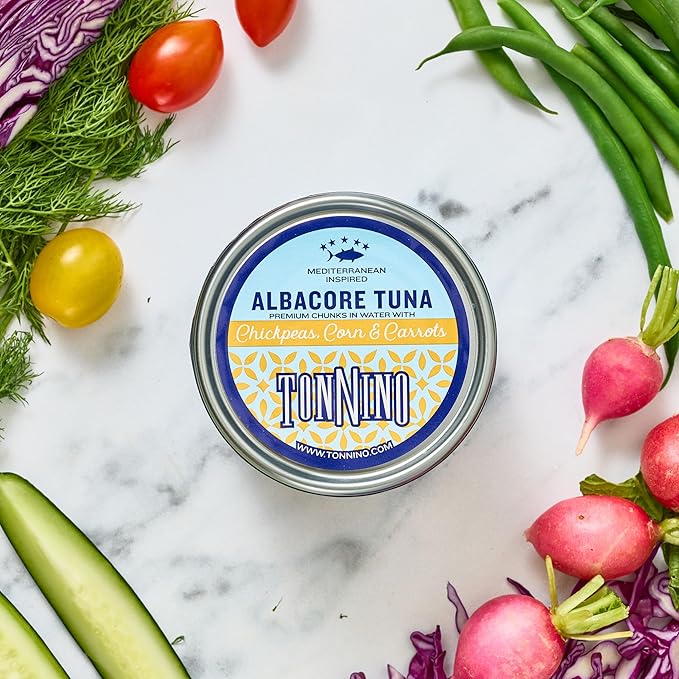 Tonnino Tuna Fish Albacore - Premium chunk in water with Chickpeas, Corn & Carrots - Pack of 12