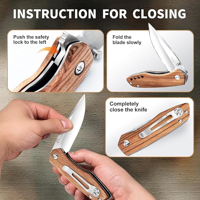 Vickay Folding Pocket Knife with Clip, 2.95" 8Cr13MoV Steel Blade, Wood Handle EDC Knife for Men &