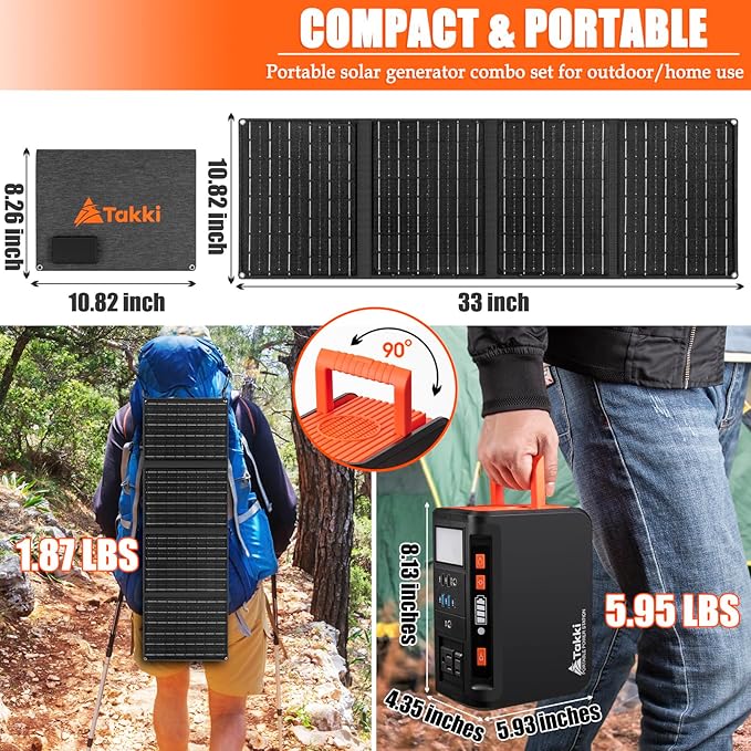 Takki Solar Generator 250W Portable Power Station with 40W Solar Panels 222Wh Pure Sine Wave