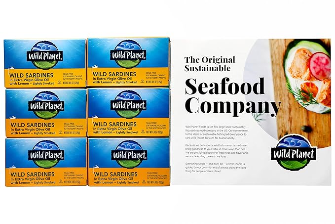 Wild Planet Sardines in Lemon, Nutritional Powerhouses Packed with Flavor, 4.4oz Cans, 6Count